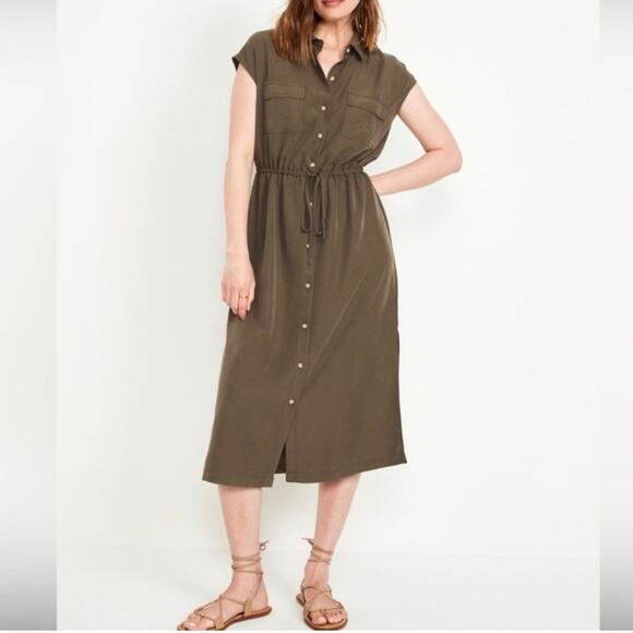 Old Navy Olive Green Utility Waist-Defined Midi Shirt Dress Size XL - Picture 1 of 8